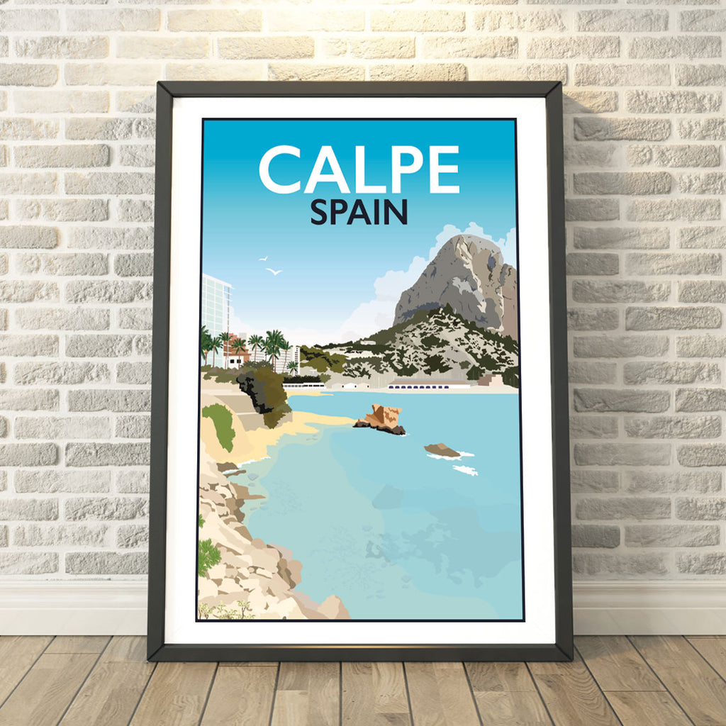 a poster of a beach with a mountain in the background