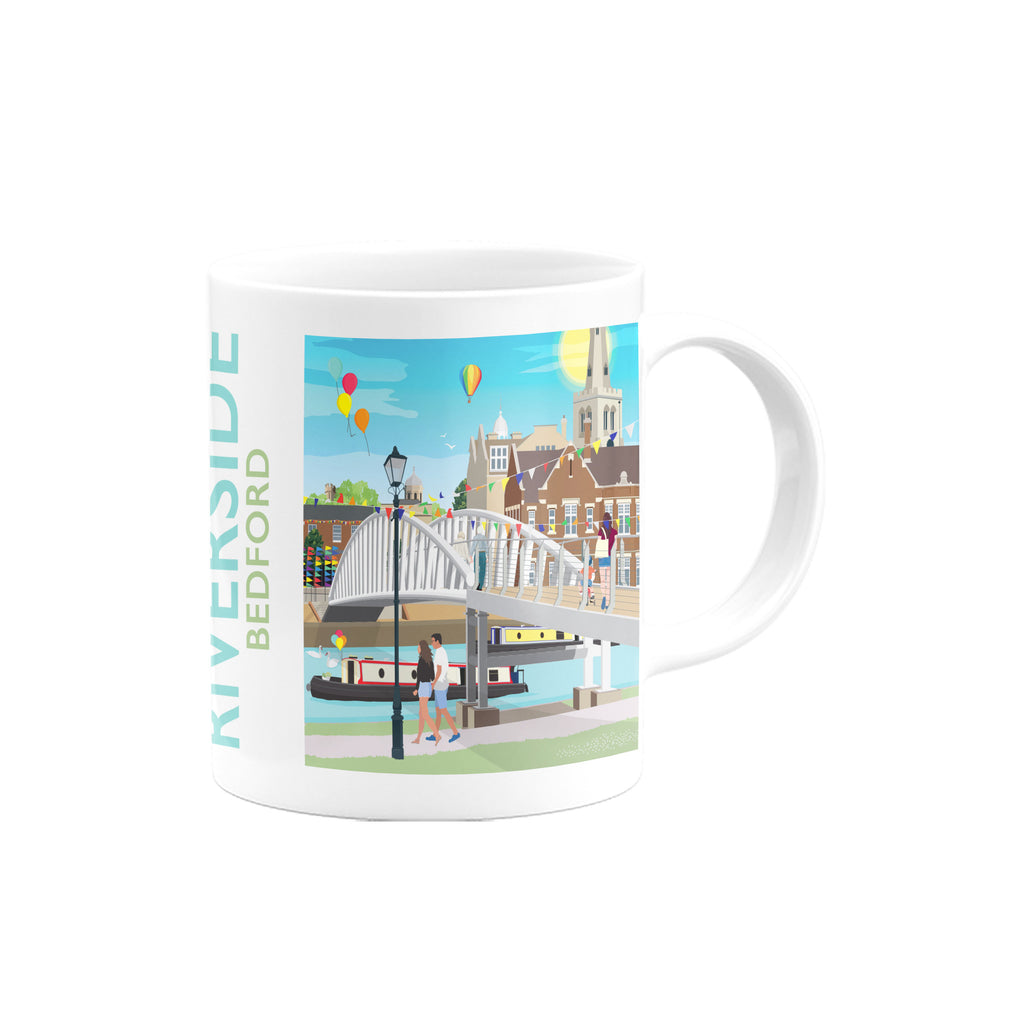 a white coffee mug with a picture of a bridge