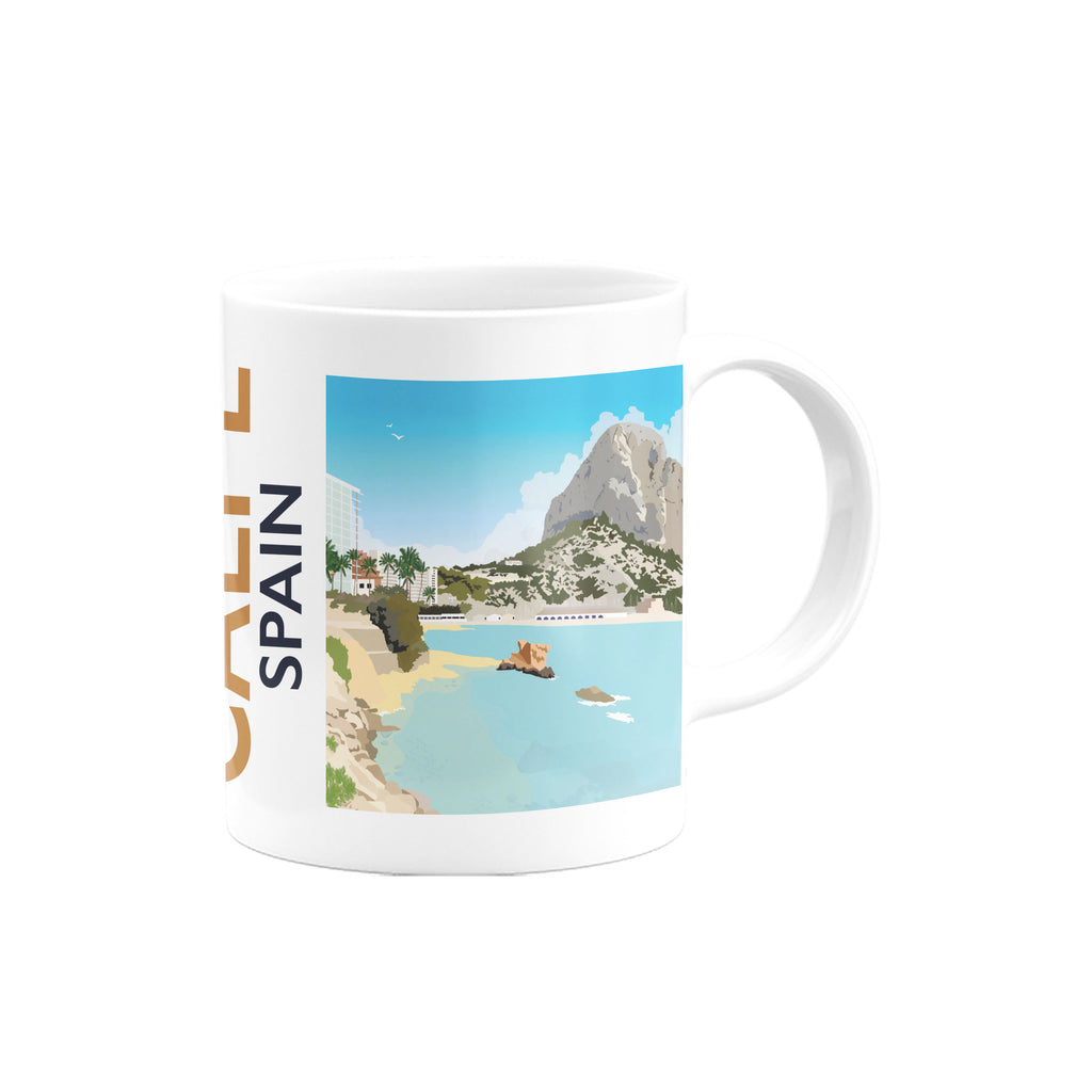 a white coffee mug with a picture of a beach